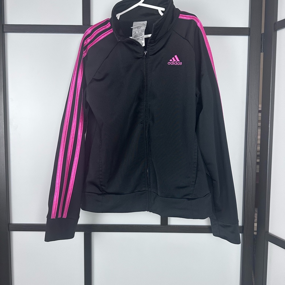 Adidas Kids Black Bomber Jacket with Pink Stripes